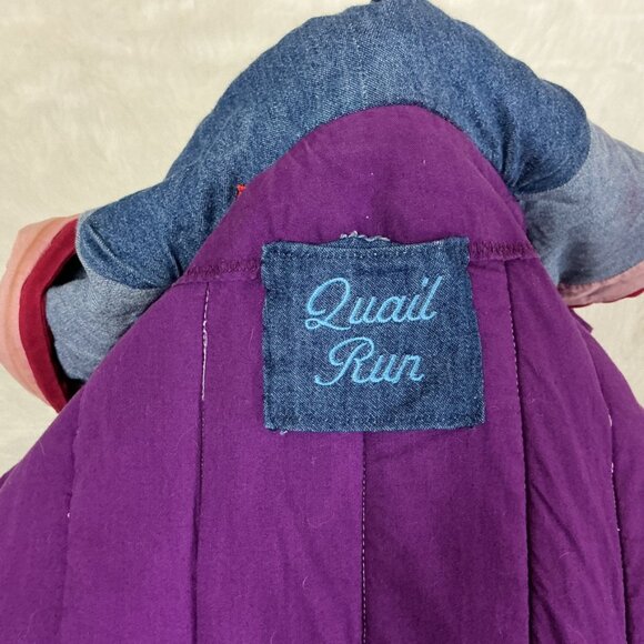 Vintage 80s 90s Denim Hooded Sun Embroidered Patchwork Denim Quilted Jacket L - Picture 10 of 12